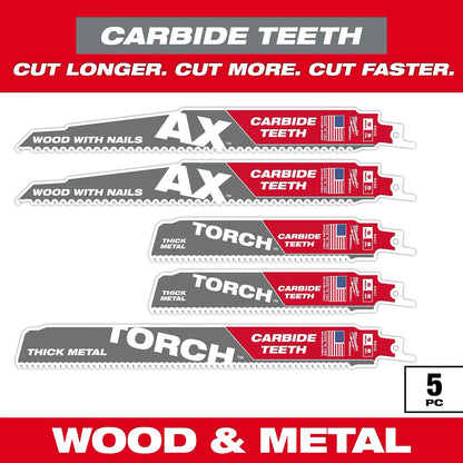 Milwaukee 5PC Wood and Metal Cutting Carbide Teeth SAWZALL Blade Set 49-22-5505 | 5-Piece