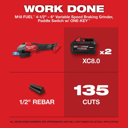 Milwaukee M18 FUEL 4-1/2"-6" Variable Speed Braking Grinder, Paddle Switch w/ ONE-KEY 3672-20 | M18 Battery, Glass Filled Nylon