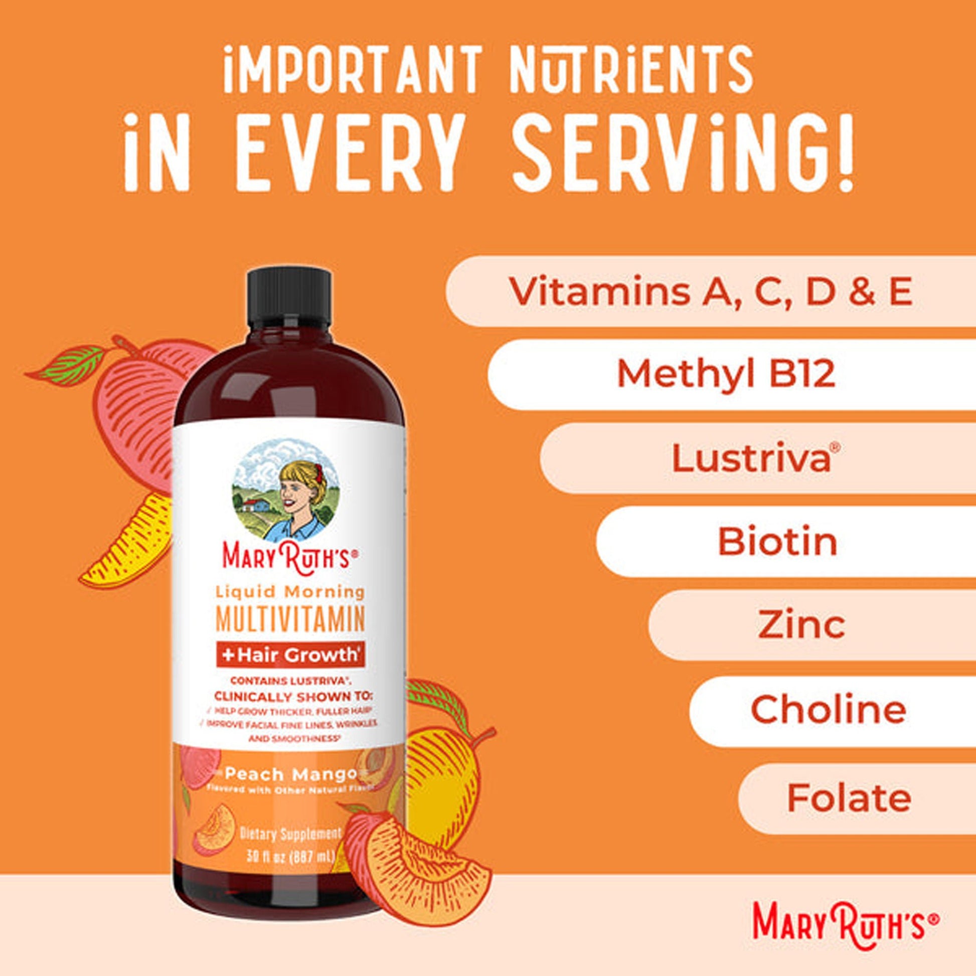 Mary Ruth's Liquid Morning Multivitamin + Hair Growth Multivitamin Supplement Vitamin A / C / D / E 1,010 mcg - 90 mg - 20 mcg - 18 mg Strength Liquid Peach Mango Flavor