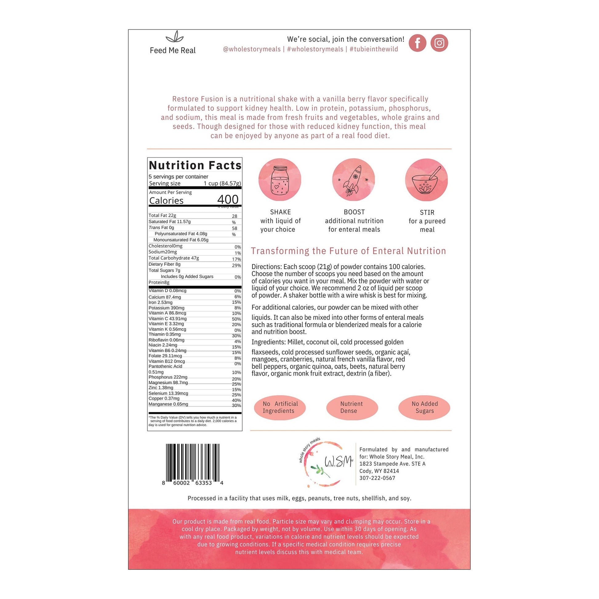 Restore Fusion Renal Support Oral Supplement Vanilla Berry Flavor Powder Pouch