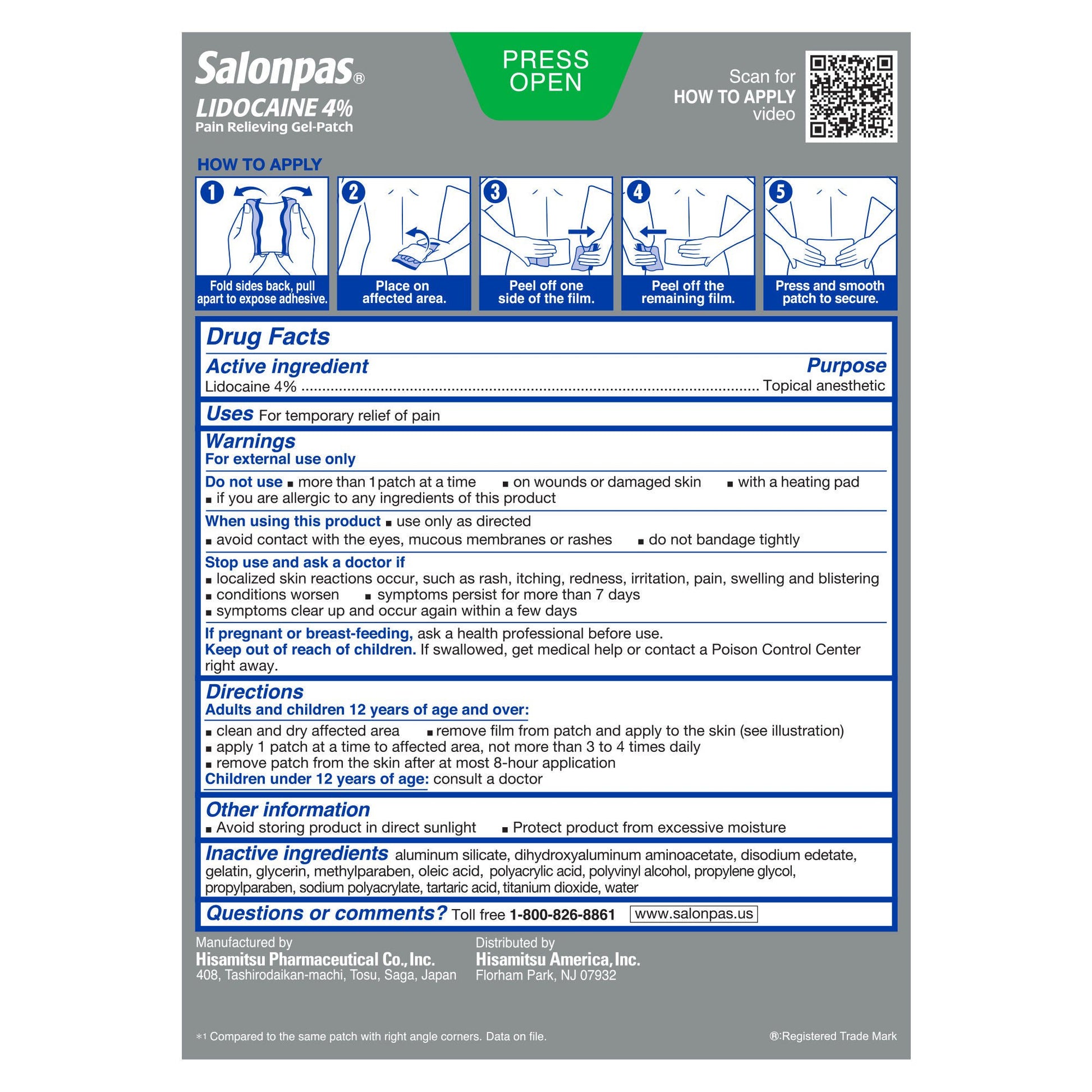 Salonpas® Lidocaine 4% Pain Relieving Gel-Patches Maximum Strength