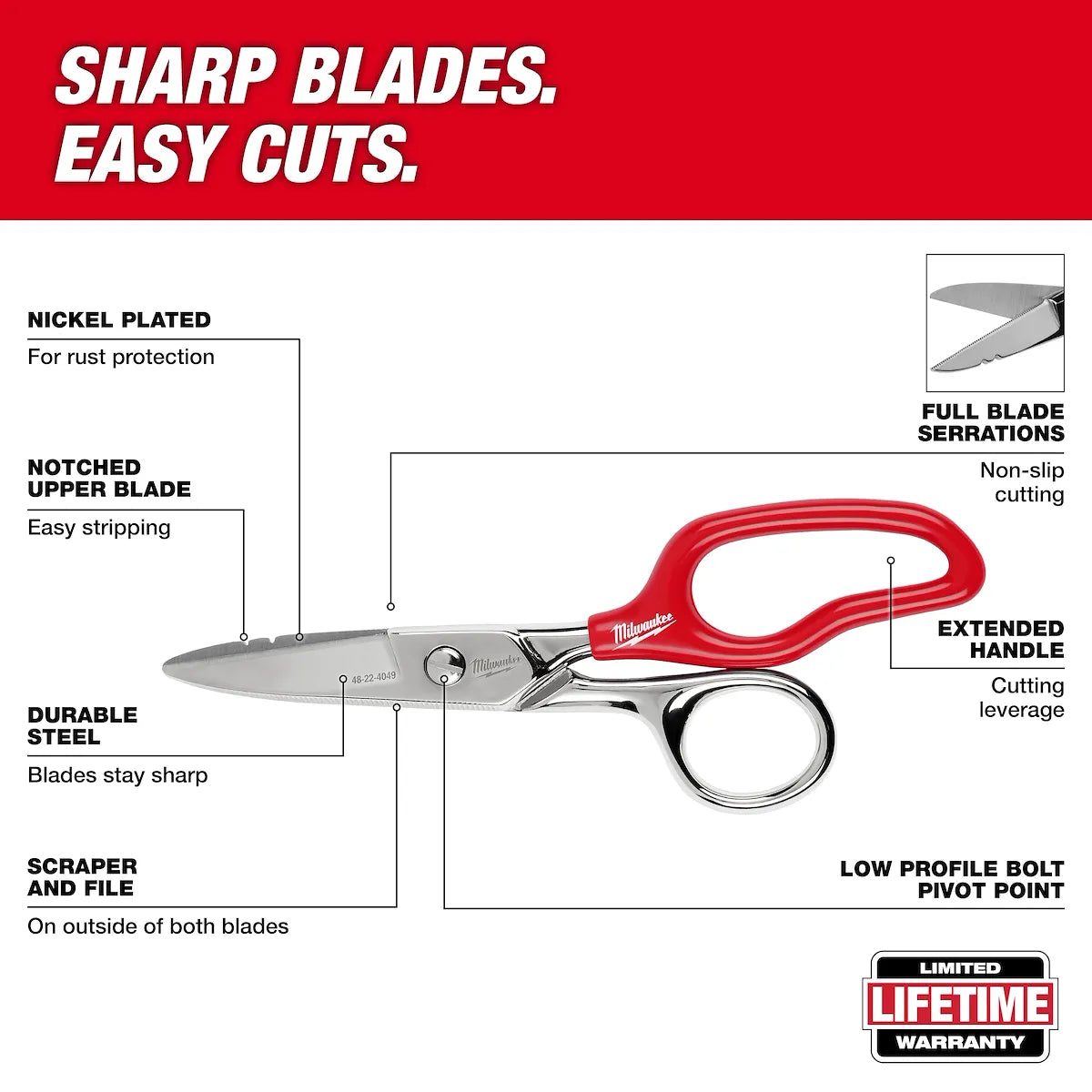 Milwaukee Electrician Scissors with Extended Handle 48-22-4049 | 1.875 in Blade Length