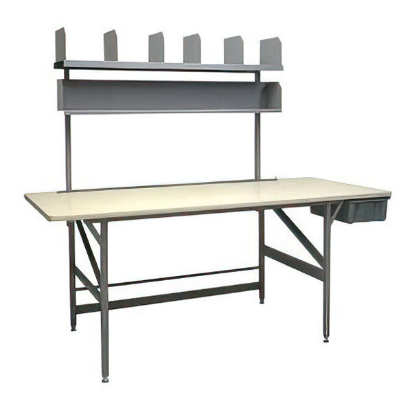 Bulman A80-35 packing workbench, left-front view with divided top shelf and parts drawer