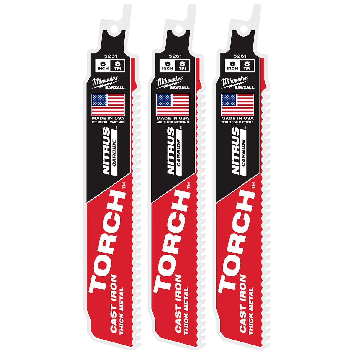 Milwaukee 6" 8 TPI TORCH with NITRUS Carbide SAWZALL Blade for Cast Iron (3 PK) 48-00-5361 | 6 in Blade Length, 3-Piece