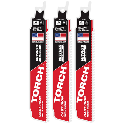 Milwaukee 6" 8 TPI TORCH with NITRUS Carbide SAWZALL Blade for Cast Iron (3 PK) 48-00-5361 | 6 in Blade Length, 3-Piece