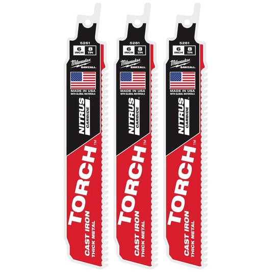 Milwaukee 6" 8 TPI TORCH with NITRUS Carbide SAWZALL Blade for Cast Iron (3 PK) 48-00-5361 | 6 in Blade Length, 3-Piece