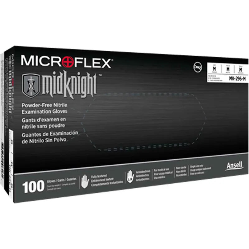 Ansell MICROFLEX MidKnight MK-296 Black Nitrile Gloves, Powder-Free, 4.7 mil, 100/Pack — fully textured, silicone-free, beaded cuff