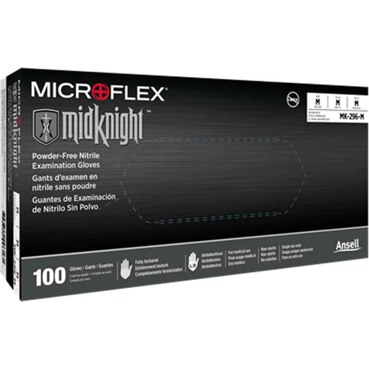 Ansell MICROFLEX MidKnight MK-296 Black Nitrile Gloves, Powder-Free, 4.7 mil, 100/Pack — fully textured, silicone-free, beaded cuff