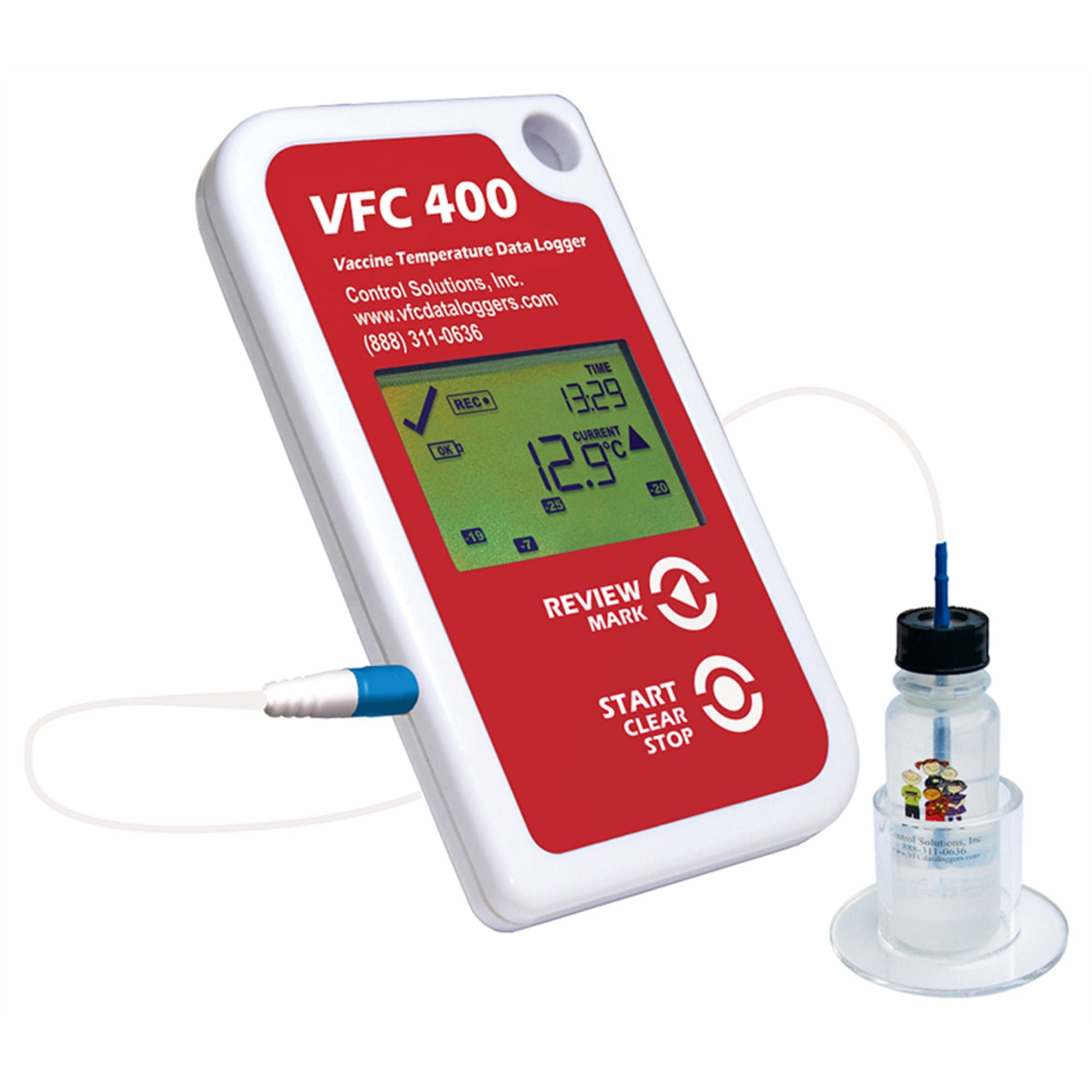 LogTag VFC400 Refrigerator / Freezer Vaccine Data Logger with Alarm Kit Fahrenheit / Celsius -40° to 210°F (-40° to 99°C) Glycol Bottle Probe Multiple Mounting Options Battery Operated