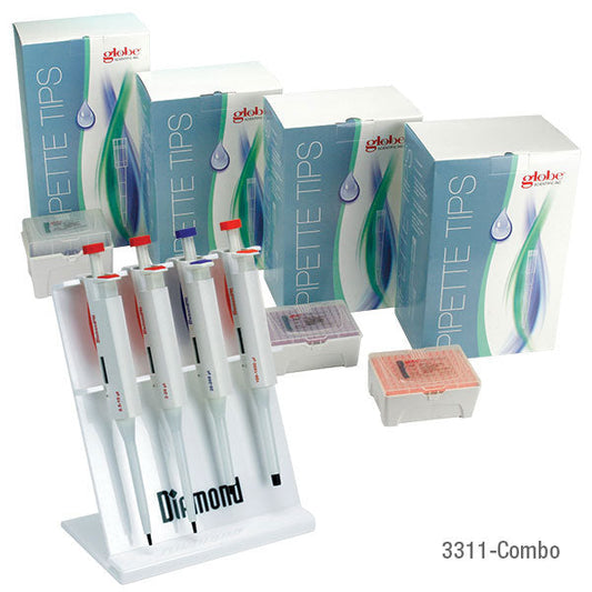 Pipette Kit, Diamond PRO Adjustable Volume Pipettors (0.5–1000 µL) + Sterile Racked Tips — 4-Pipette Set, 1 Kit | Globe Scientific