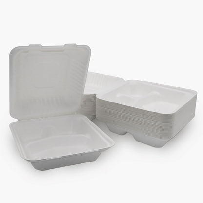 Medd Max LLC 3 Compartment Clamshell Food Container White Compostable Bagasse