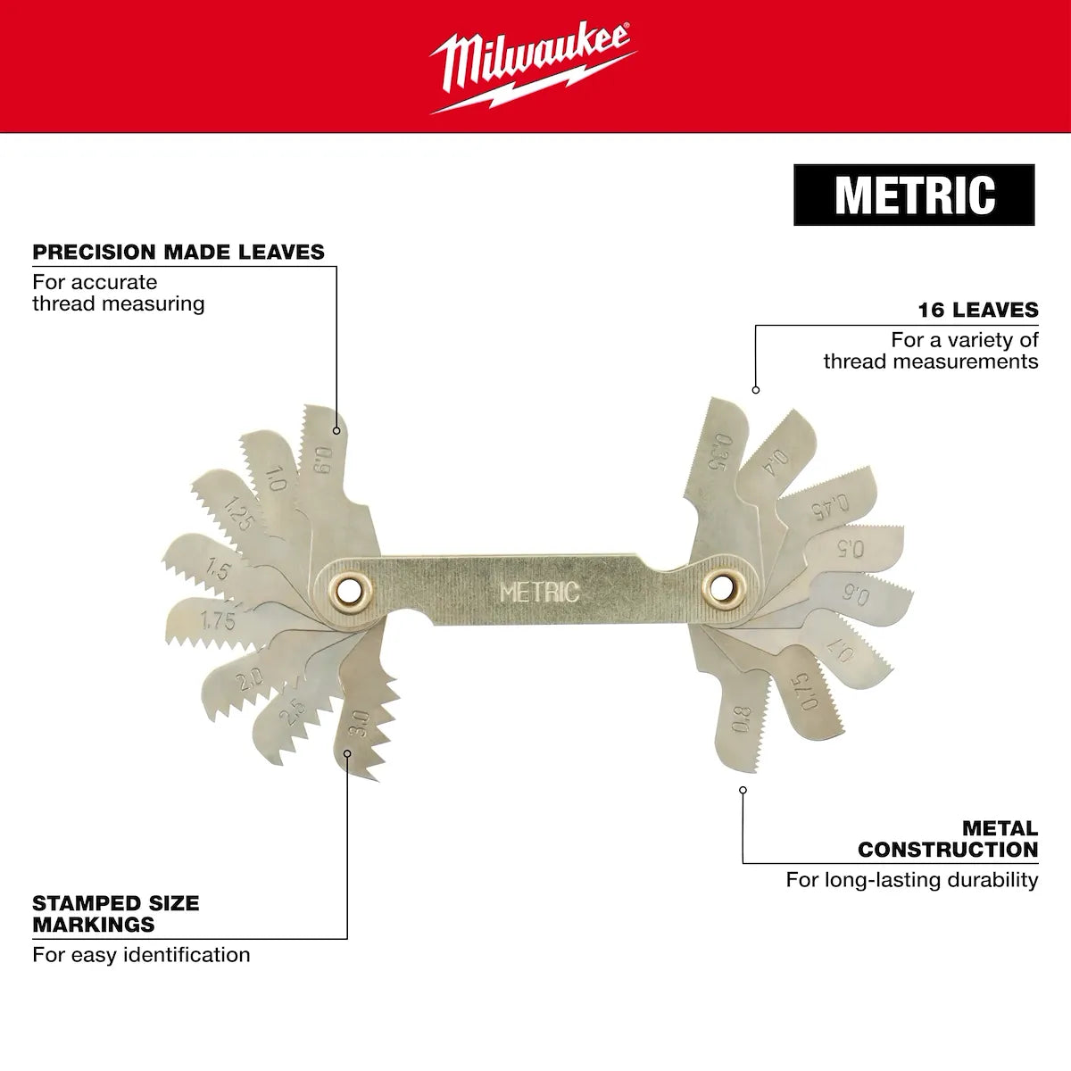 Milwaukee 0.35-3.00 mm Metric Thread Pitch Gauge 49-57-5012 | Metal