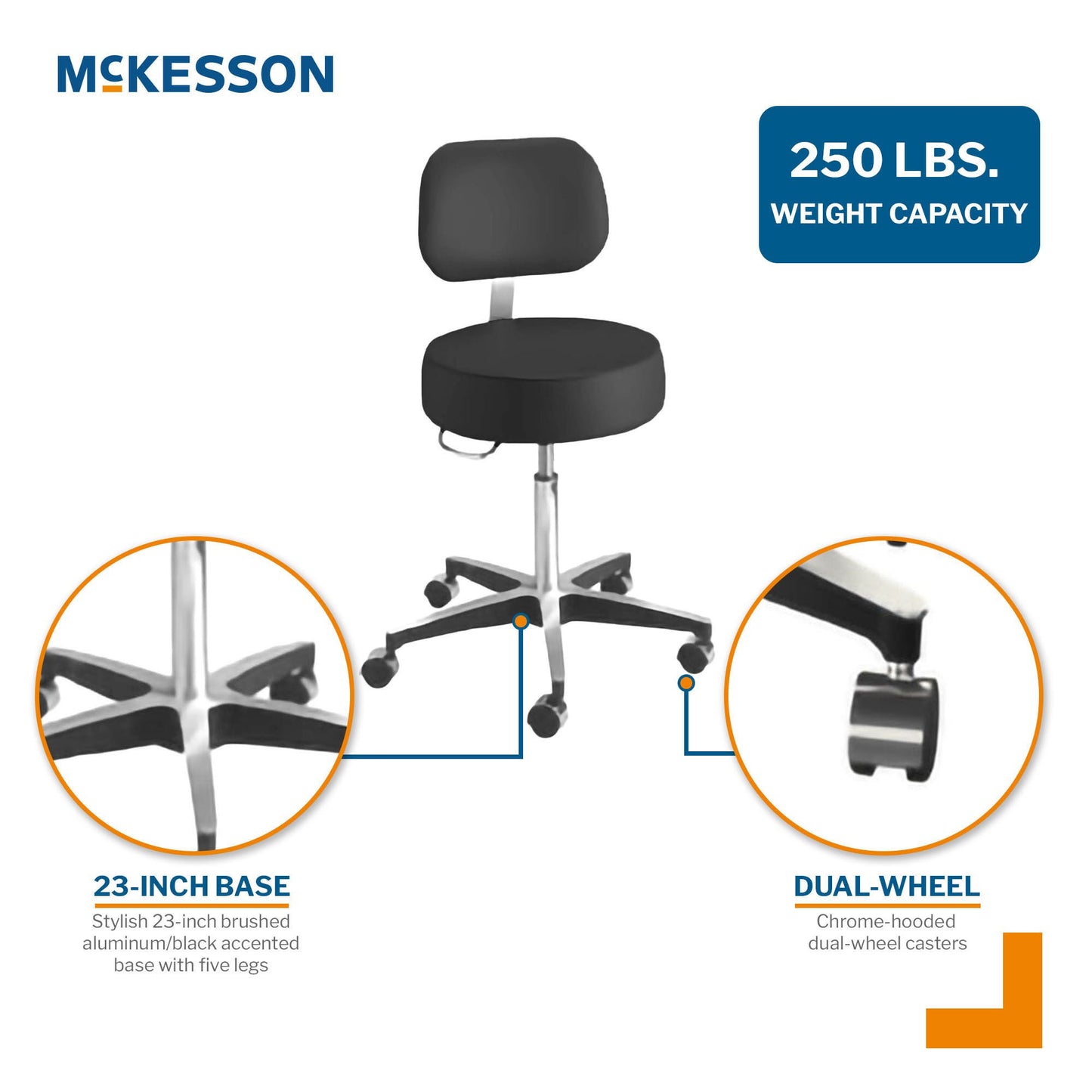 McKesson Pneumatic Exam Stool, Black, with Backrest