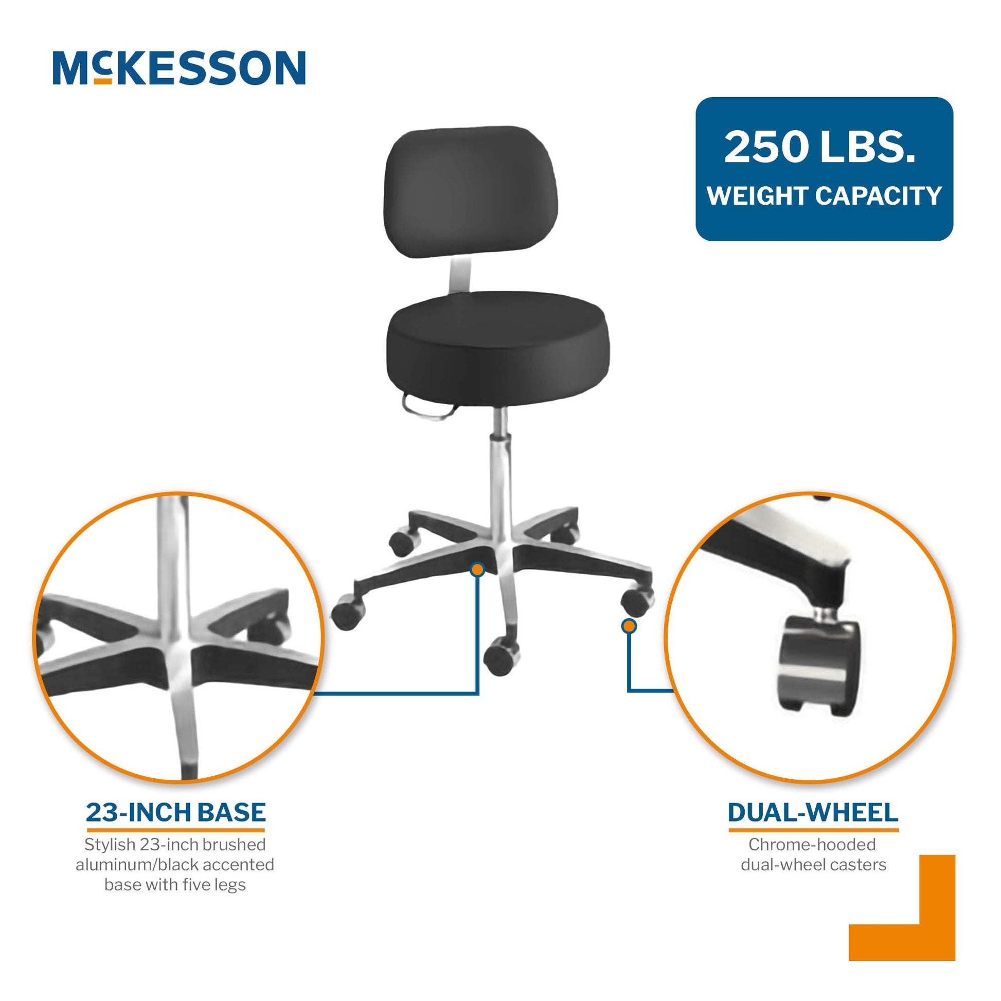 McKesson Pneumatic Exam Stool, Black, with Backrest