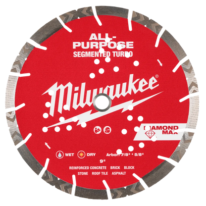 Milwaukee 9" DIAMOND MAX All-Purpose Segmented Turbo Diamond Blade 49-93-7125 | Diamond Coated