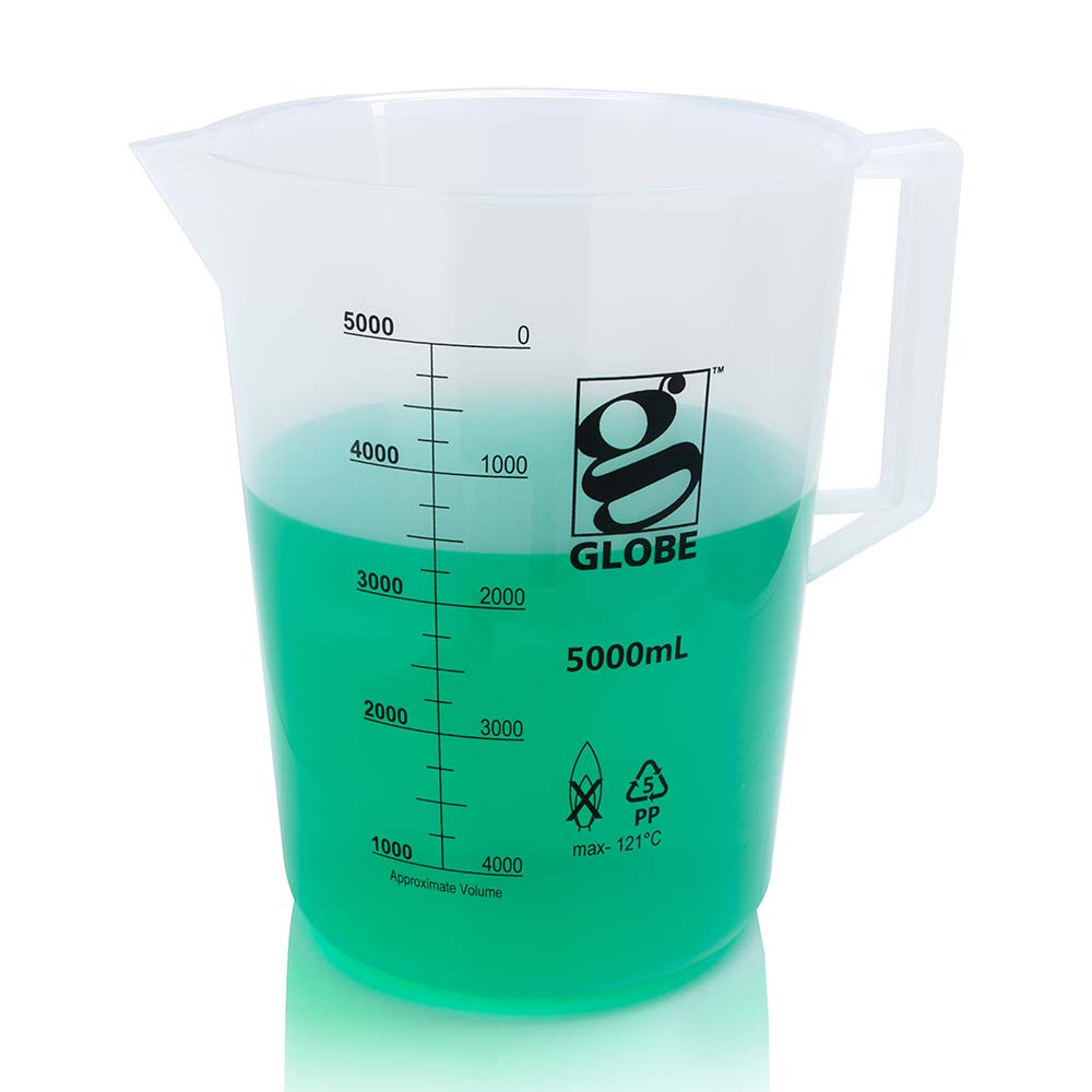 Beakers with Handle, Polypropylene Low Form, Printed Graduations — 100–5000 mL, 1/Bag | Globe Scientific