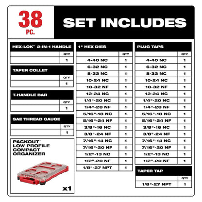 Milwaukee 38PC SAE Tap & Die PACKOUT Set w/ HEX-LOK 2-in-1 Handle 49-22-5604 | 38-Piece, Black Oxide