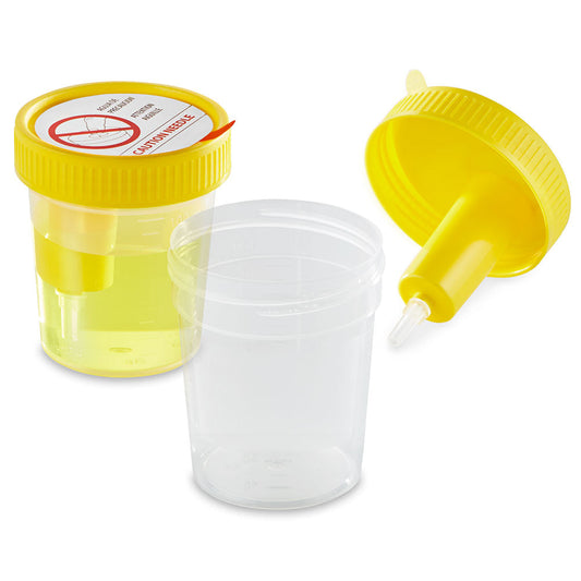 Urine Collection Cups, 4 oz Integrated Transfer Device, Sterile — 100 mL Graduated, 100/Case | Globe Scientific