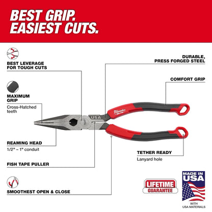 Milwaukee 8" Long Nose Comfort Grip Pliers (USA) MT555