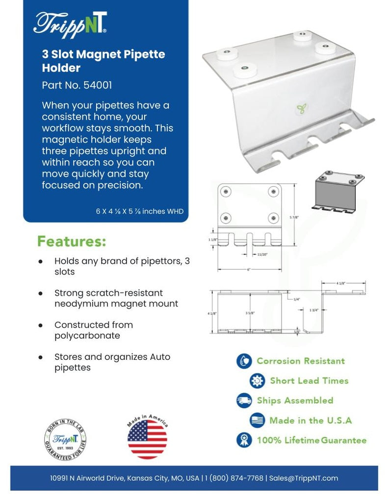 TrippNT 54001 — in-use view with 3 pipettors (P20/P200/P1000) staged tip-down on BSC side baffle