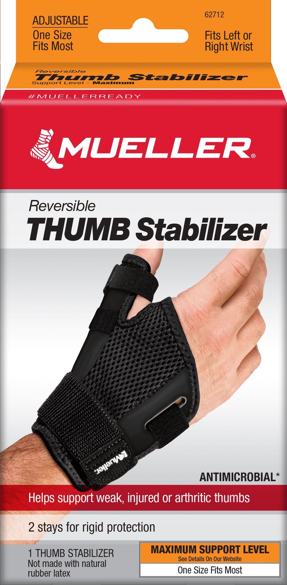 Mueller Sport Care Thumb Stabilizer Adult D-Ring / Hook and Loop Strap Closure Left Hand Black