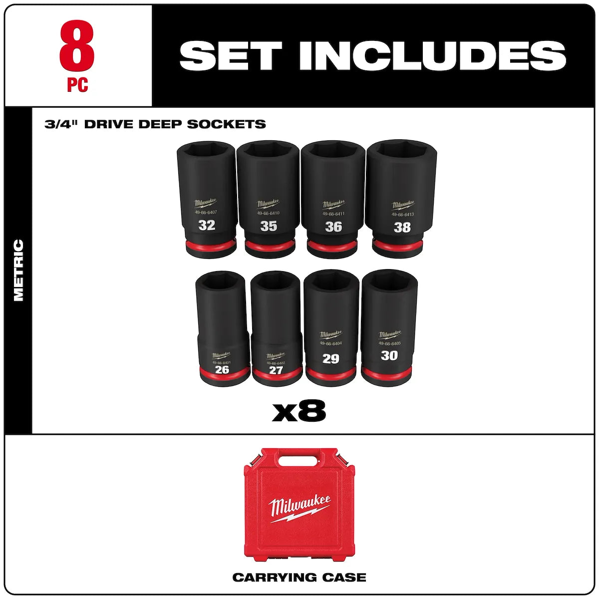 Milwaukee 8PC SHOCKWAVE Impact Duty 3/4" Drive Metric Deep 6 Point Socket Set 49-66-6411