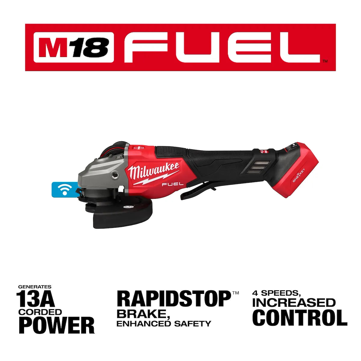 Milwaukee M18 FUEL 4-1/2"-6" Variable Speed Braking Grinder, Paddle Switch w/ ONE-KEY 3672-20 | M18 Battery, Glass Filled Nylon