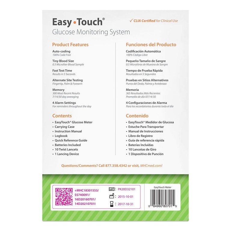 Easy Touch Blood Glucose Meter 5 Second Results Stores up to 300 Result No Coding Required