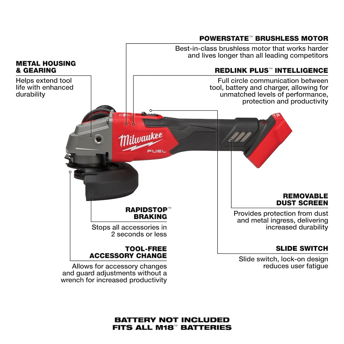 Milwaukee M18 FUEL 4-1/2" / 5" Variable Speed Braking Grinder, Slide Switch Lock-On 2889-20 | M18 Battery, Metal