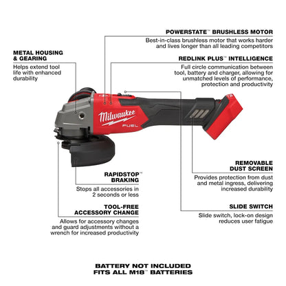 Milwaukee M18 FUEL 4-1/2" / 5" Variable Speed Braking Grinder, Slide Switch Lock-On 2889-20 | M18 Battery, Metal