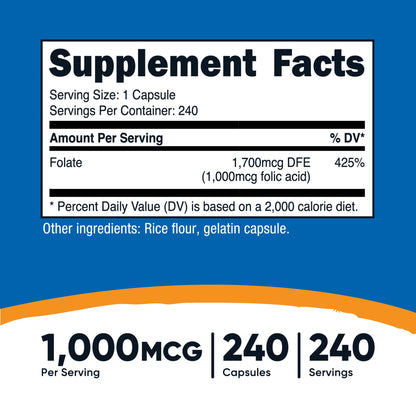 nutricost Folic Acid (Vitamin B9) Dietary Supplement Folate 1,000 mcg Strength Capsule