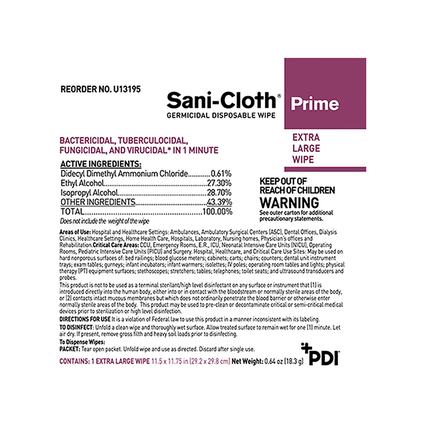 Sani-Cloth® Prime Germicidal Disinfectant Wipes, Individually Wrapped