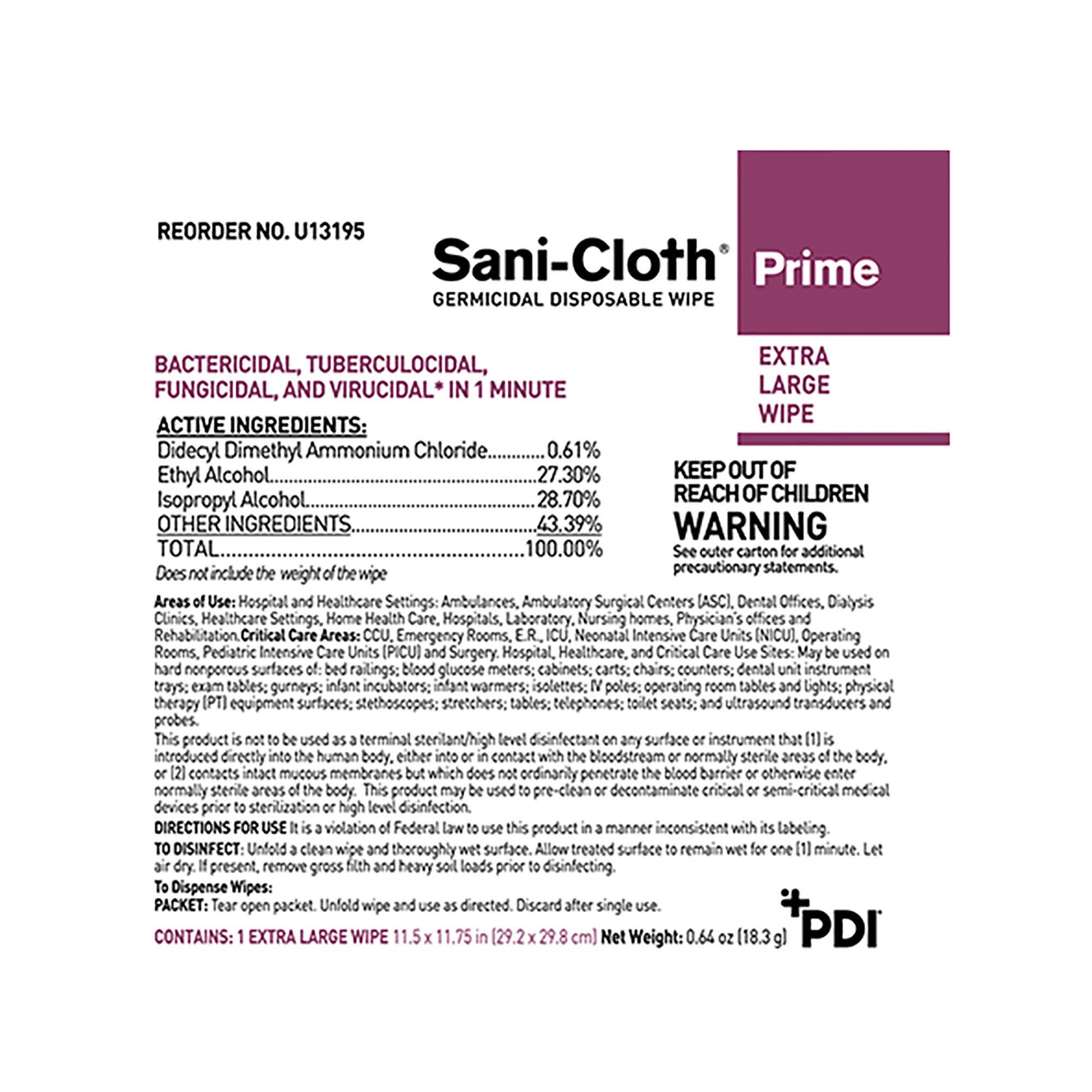 Sani-Cloth® Prime Germicidal Disinfectant Wipes, Individually Wrapped