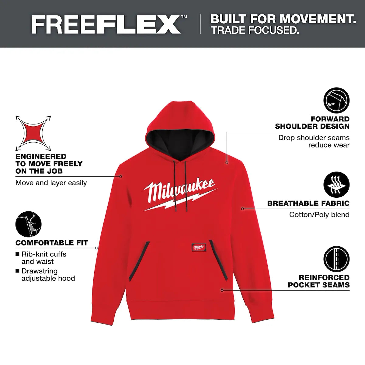 Milwaukee FREEFLEX Pullover Hoodie - Logo Red L 352R