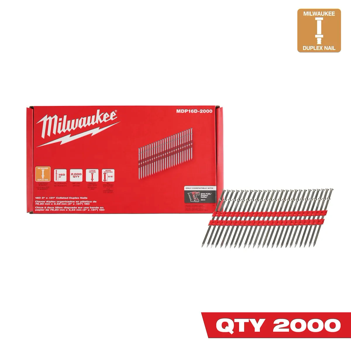 Milwaukee 16D 3” x .131” Collated Duplex Nails MDP16D-2000