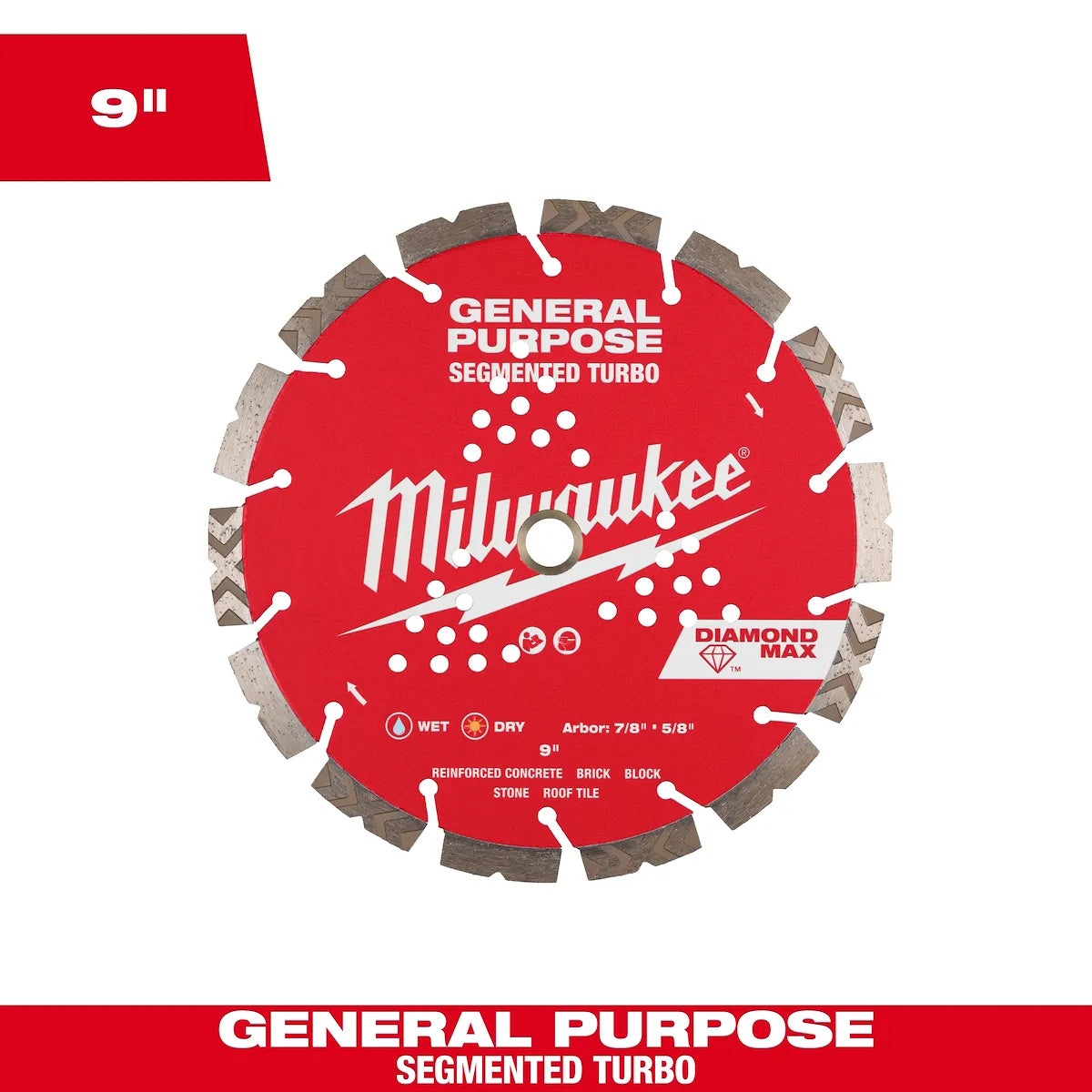 Milwaukee 9" DIAMOND MAX Segmented Turbo, General Purpose Diamond Blade 49-93-9009 | Diamond Coated