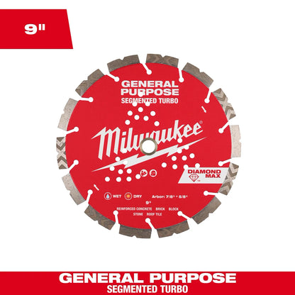 Milwaukee 9" DIAMOND MAX Segmented Turbo, General Purpose Diamond Blade 49-93-9009 | Diamond Coated