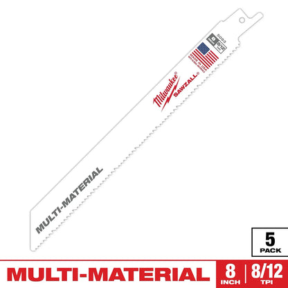 Milwaukee 8" 8/12 TPI SAWZALL Blade for Multi-Material (5 PK) 48-00-5093 | 8 in Blade Length, 5-Piece
