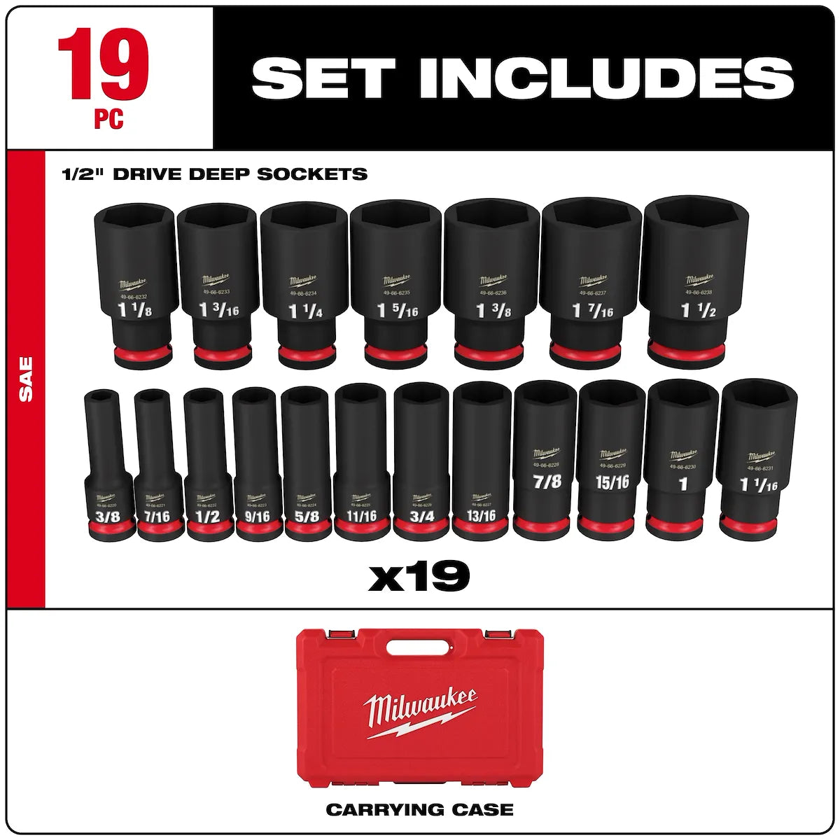 Milwaukee 19PC SHOCKWAVE Impact Duty 1/2" Drive SAE Deep 6 Point Socket Set 49-66-7012 | 1/2 in Drive, 19-Piece