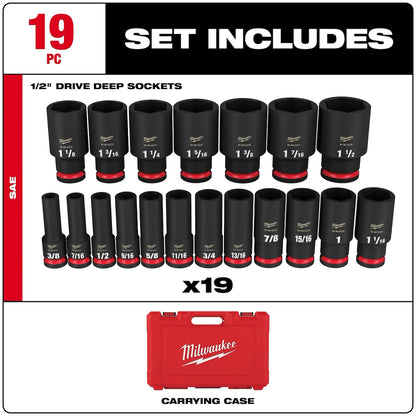 Milwaukee 19PC SHOCKWAVE Impact Duty 1/2" Drive SAE Deep 6 Point Socket Set 49-66-7012 | 1/2 in Drive, 19-Piece