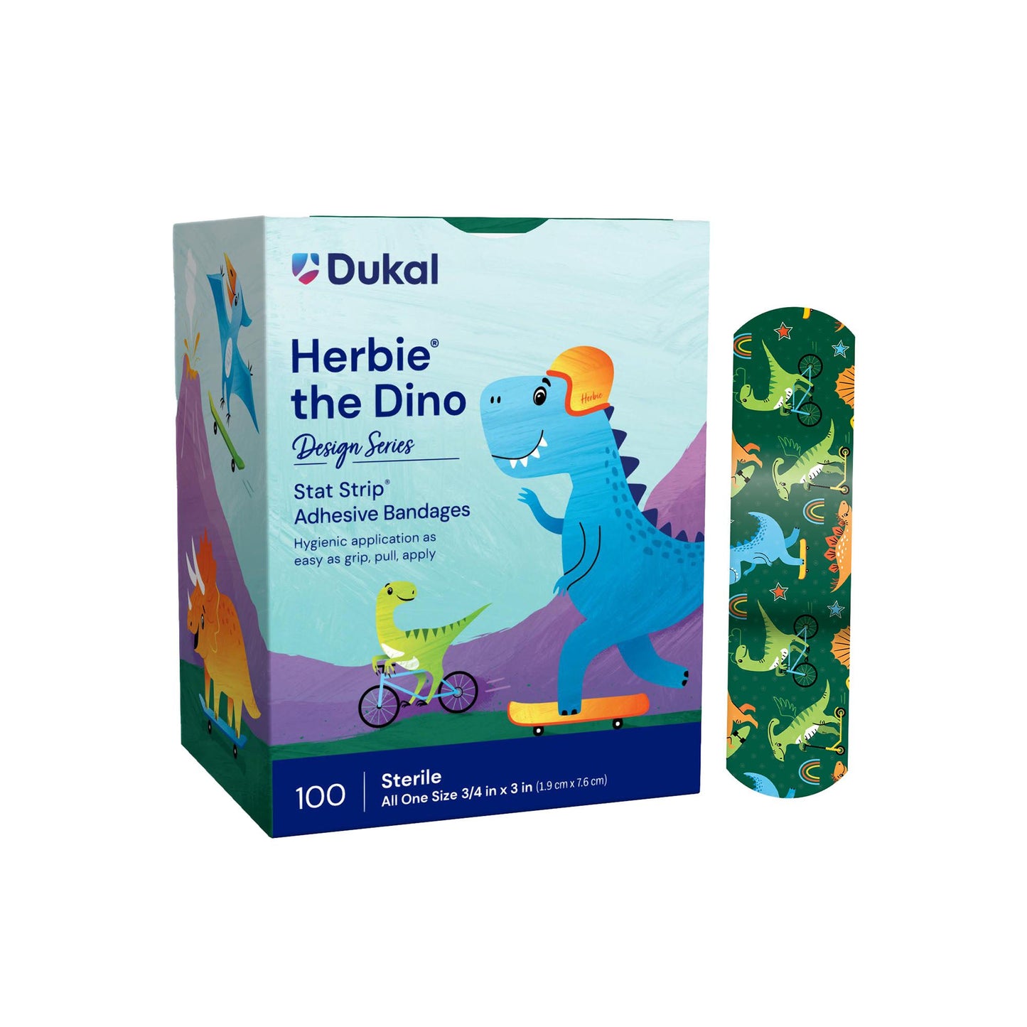 American® White Cross Stat Strip® Kid Design Herbie the Dinosaur Adhesive Strip