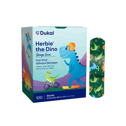 American® White Cross Stat Strip® Kid Design Herbie the Dinosaur Adhesive Strip