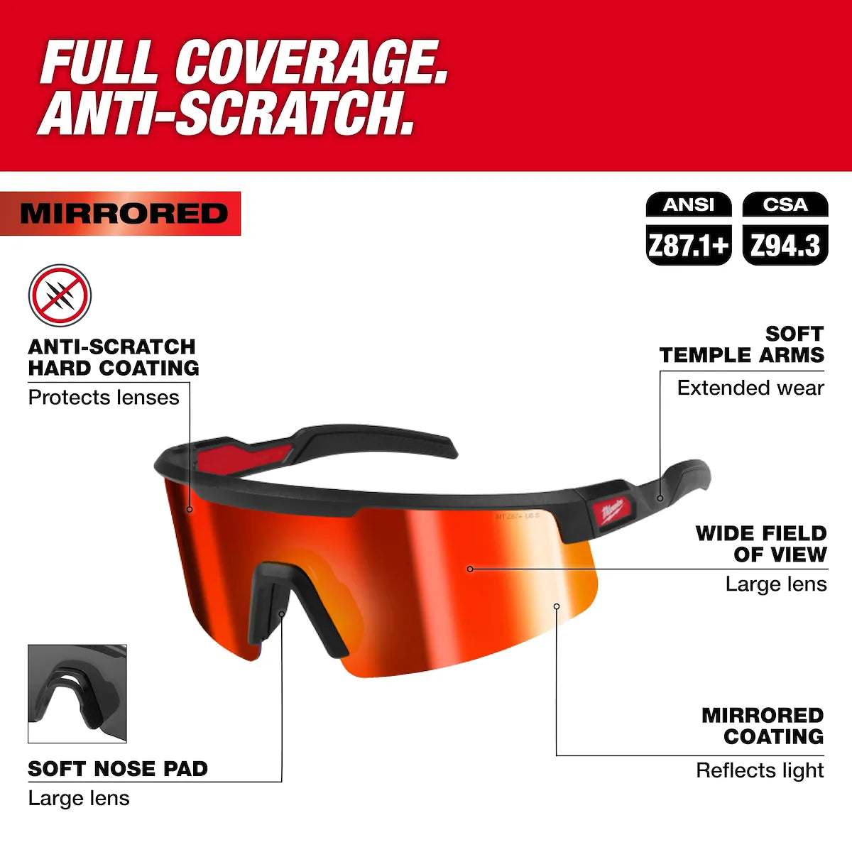 Milwaukee Wrap Around Safety Glasses - Red Mirrored Anti-Scratch Lenses 48-73-2500