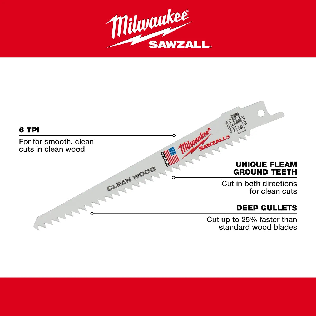 Milwaukee 6" 6 TPI Fleam Ground SAWZALL Blade for Clean Wood (5 PK) 48-00-5015 | 6 in Blade Length, 5-Piece