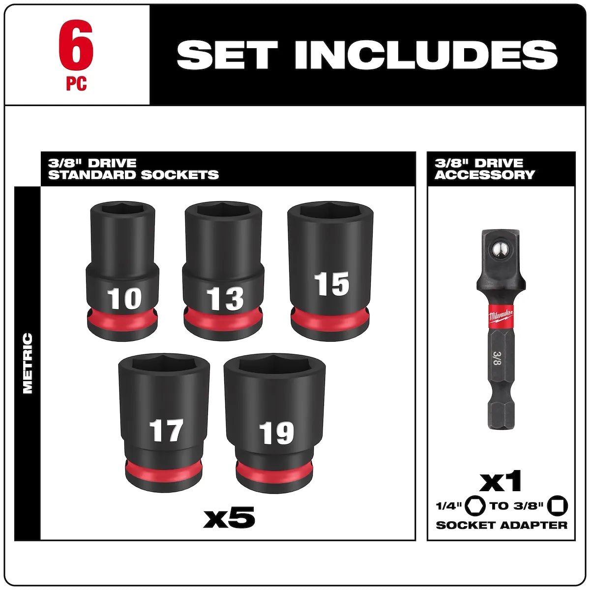 Milwaukee 6PC SHOCKWAVE Impact Duty 3/8" Drive Metric Standard Socket Set 49-66-7036 | 3/8 in Drive, 6-Piece