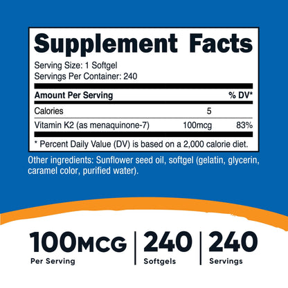 nutricost Dietary Supplement Vitamin K2 MK-7 100 mcg Strength Softgel