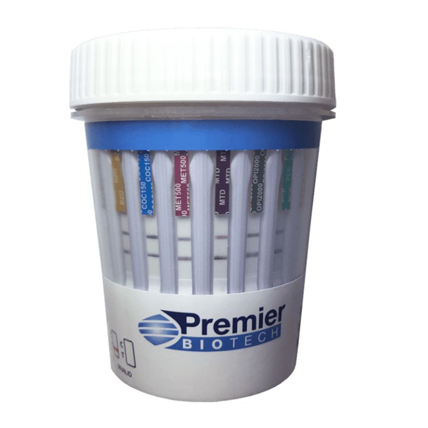 Premier Bio-Cup Drugs of Abuse Test Kit AMP500, BAR300, BUP10, BZO300, COC150, FEN1, mAMP/MET500, MDMA500, MOR300, MTD300, OXY100, PCP25, THC50, TML100 (pH, OX, SG) 25 Tests CLIA Waived