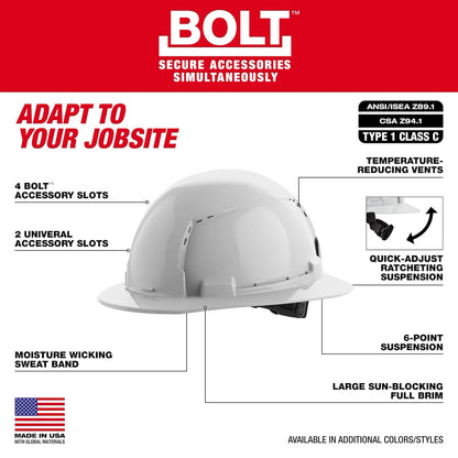 Milwaukee BOLT Red Full Brim Vented Hard Hat w/6pt Ratcheting Suspension (USA) - Type 1, Class C 48-73-1225