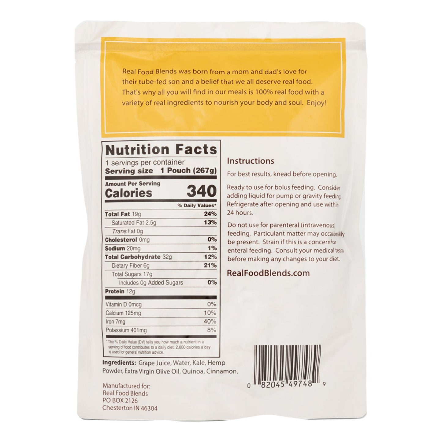 Real Food Blends™ Quinoa, Kale & Hemp Pureed Food Blend for Tube Feed