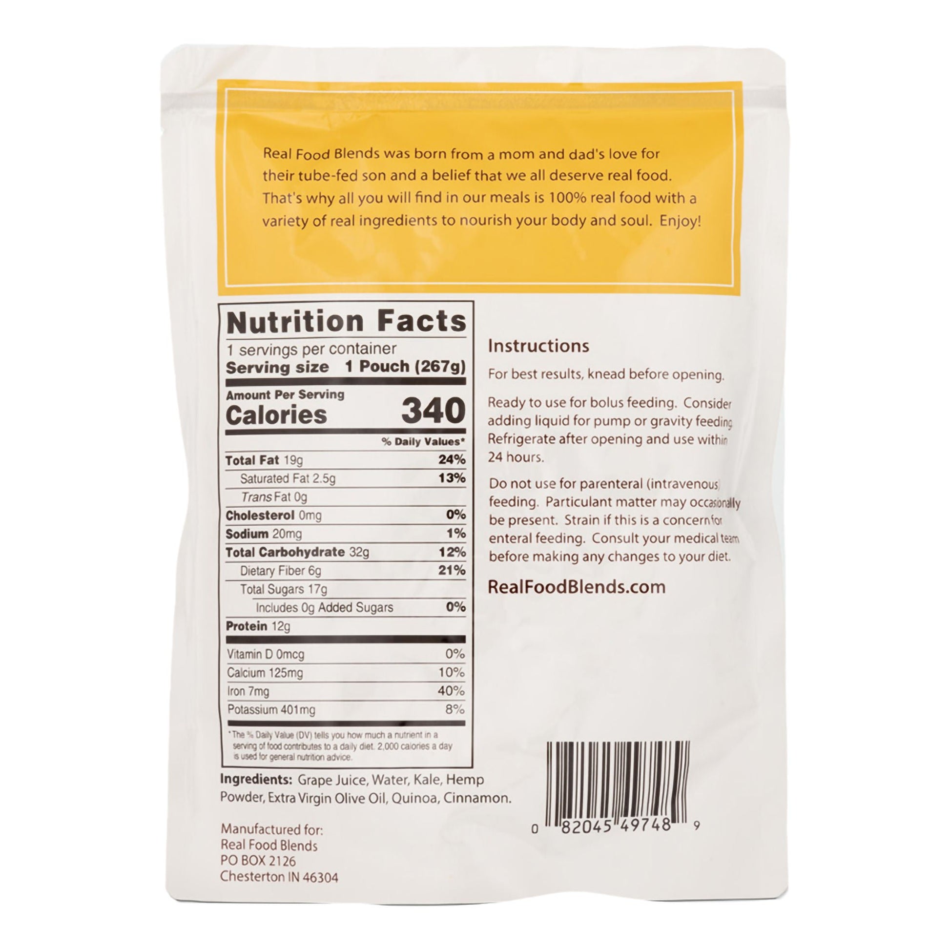 Real Food Blends™ Quinoa, Kale & Hemp Pureed Food Blend for Tube Feed